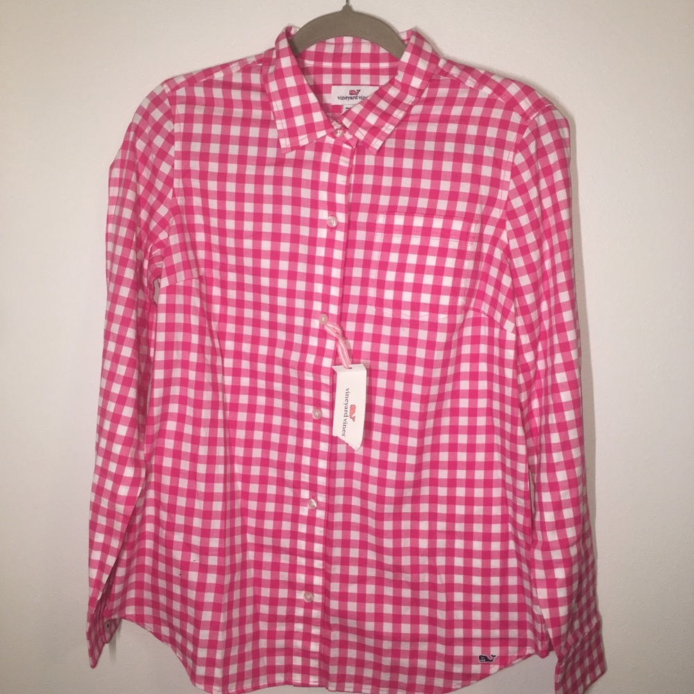 Pink gingham vineyard vines shirt
